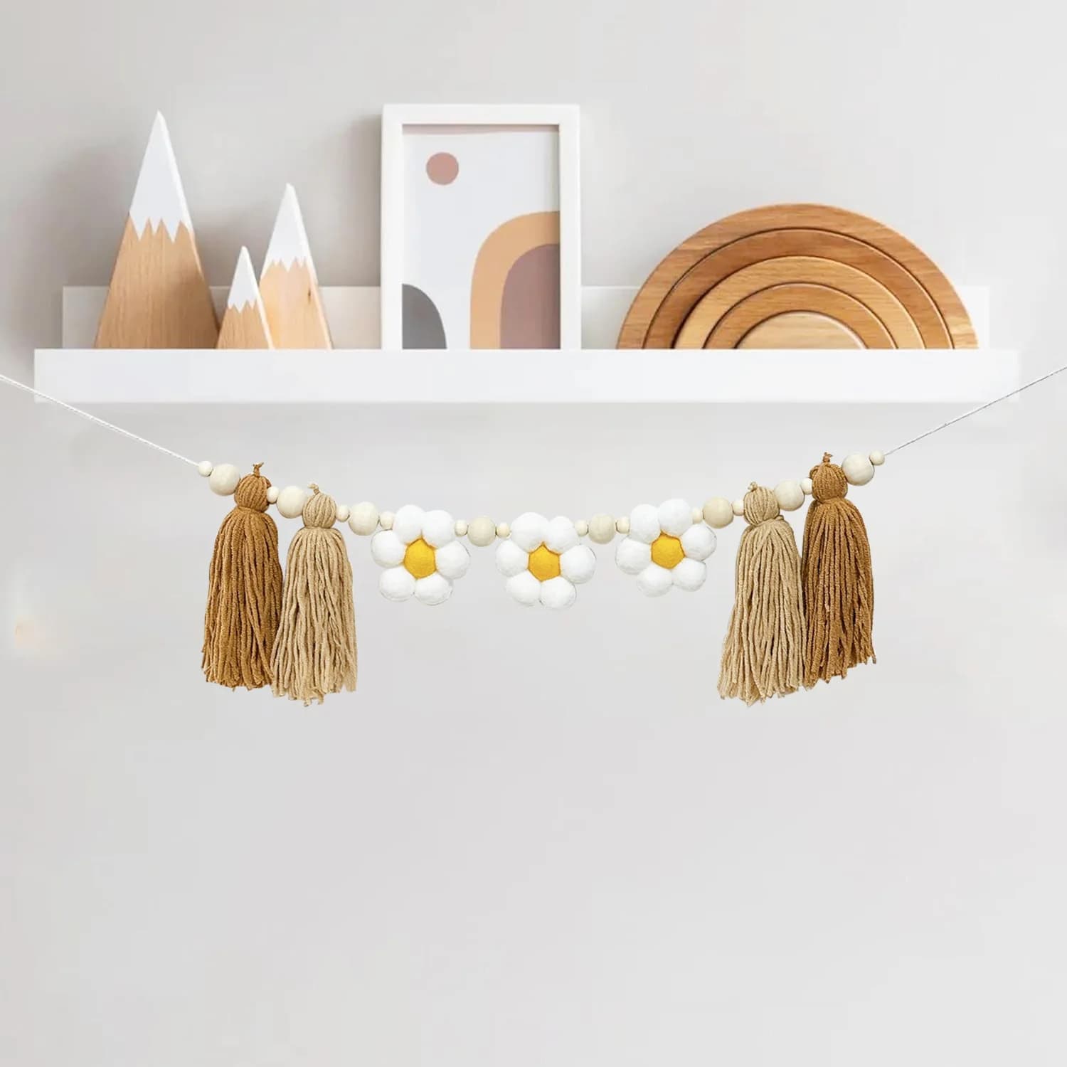 Guirlande de pampilles Boho avec perles en bois, guirlande de marguerites, décor mural de ferme, sal