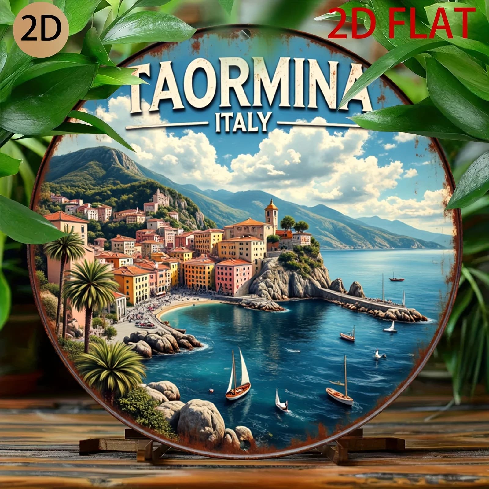 Panneau décoratif mural en métal Taormina Italie - Décoration de carte méditerranéenne vintage avec 