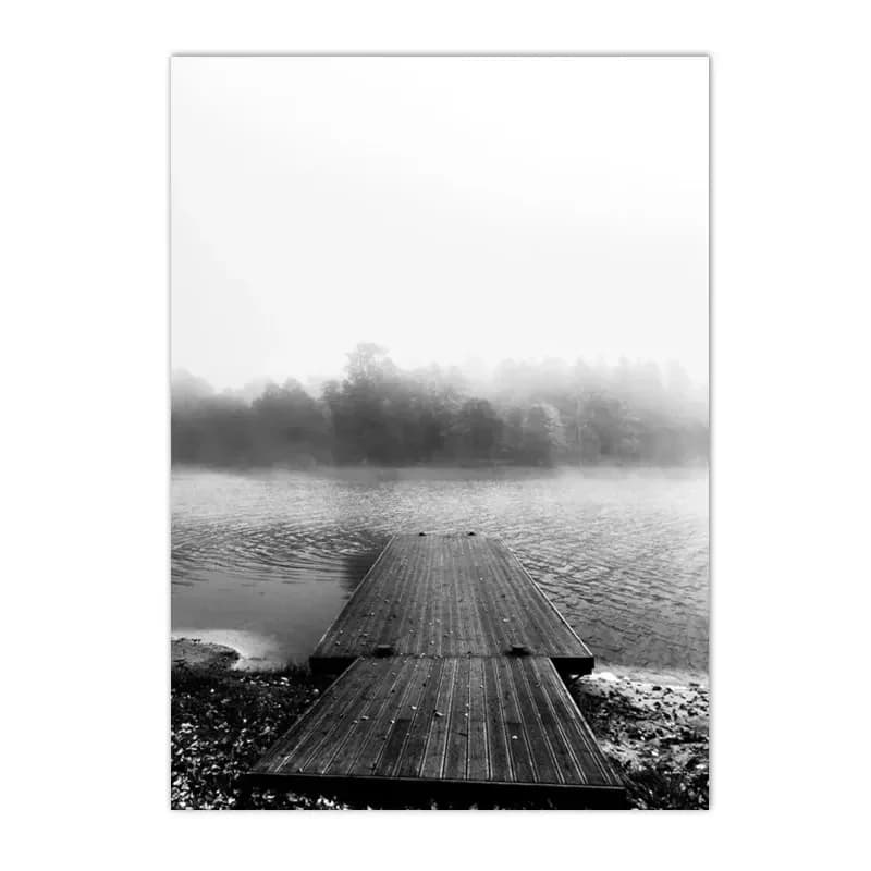Affiche d'art de toile d'impression de paysage naturel, peinture d'arbre de bateau de lac noir et bl