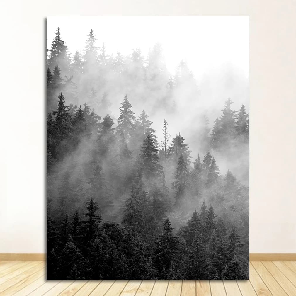 Affiches d'arbre noir et blanc, peinture sur toile de paysage de forêt brumeuse, tableau mural, déco