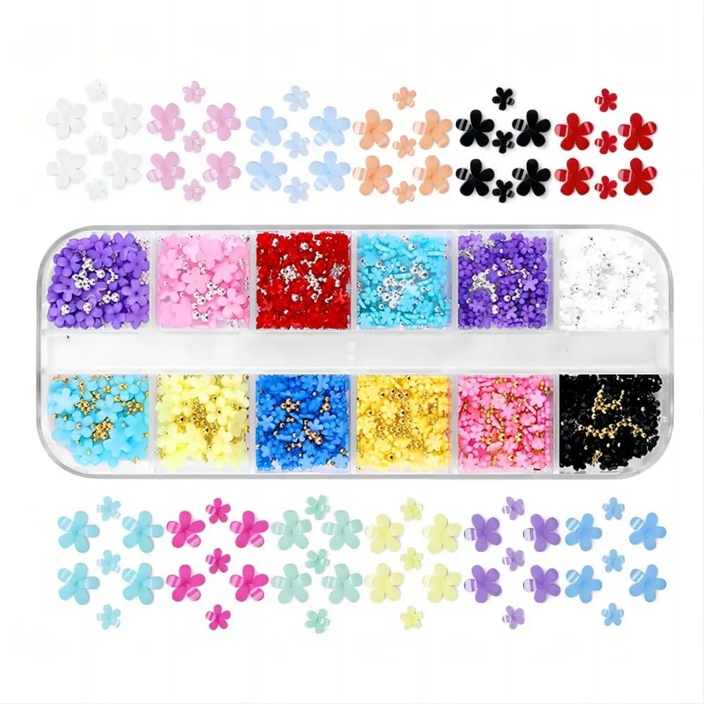 Breloques pour ongles en forme de fleur 3D, 12 couleurs, avec perles de Caviar argentées/or, accesso