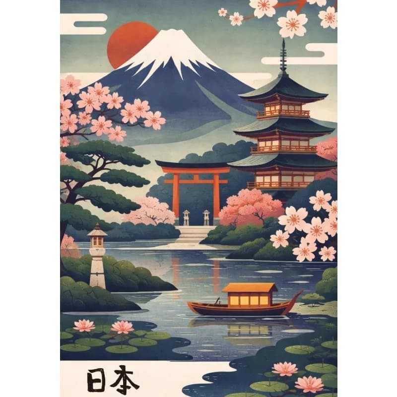 Affiche de paysage japonais Japandi, toile décorative murale avec fleurs de cerisier, mont Fuji et p