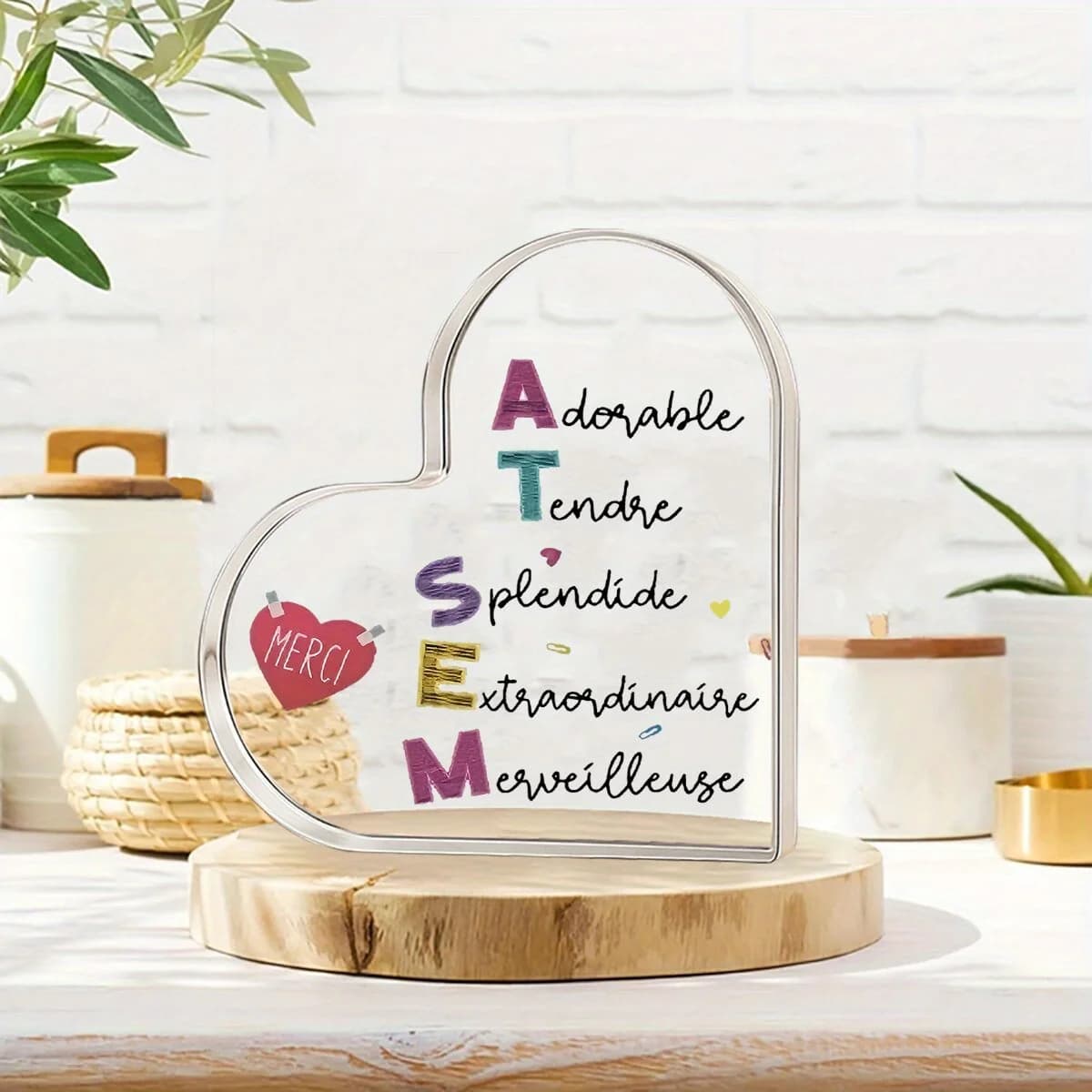 Décoration de bureau en acrylique en forme de cœur de style français 2D, ornement mignon pour la mai