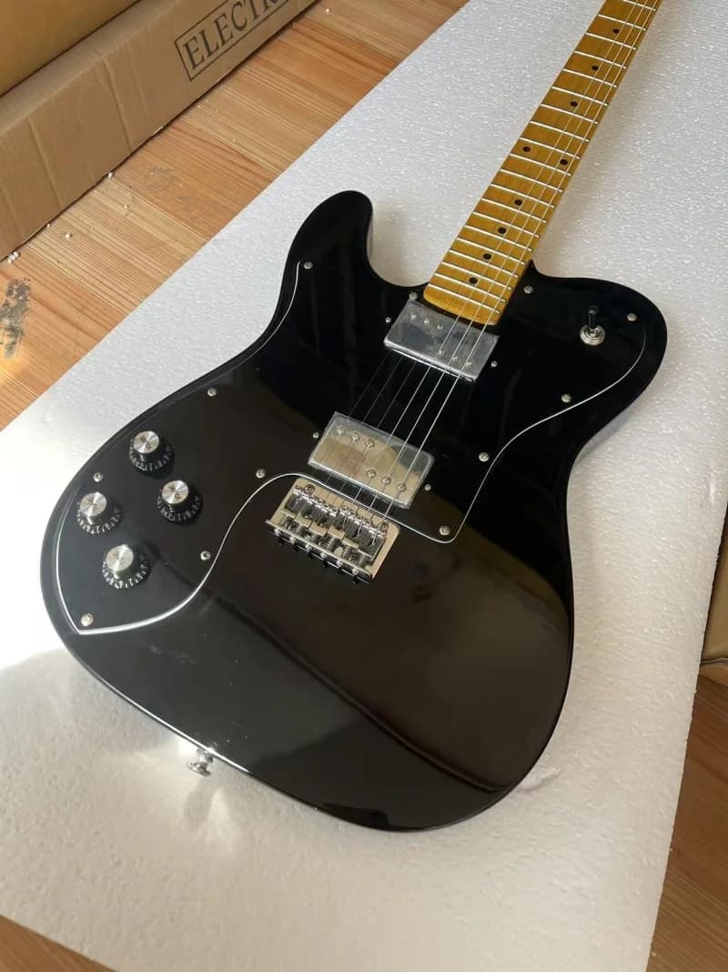 Guitare électrique à 6 cordes pour gaucher, manche en érable, corps noir brillant, corde à travers l
