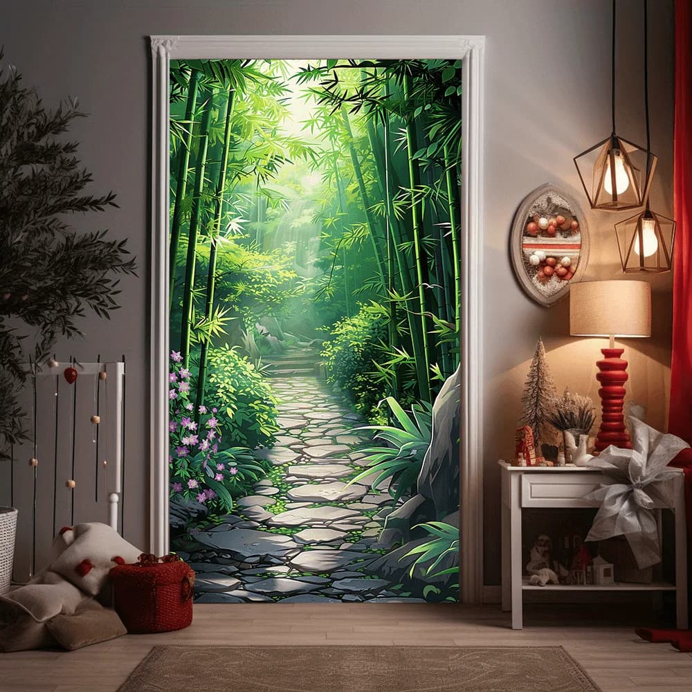 Rideau de porte de chemin forestier en bambou paisible - une décoration naturelle séène pour une uti