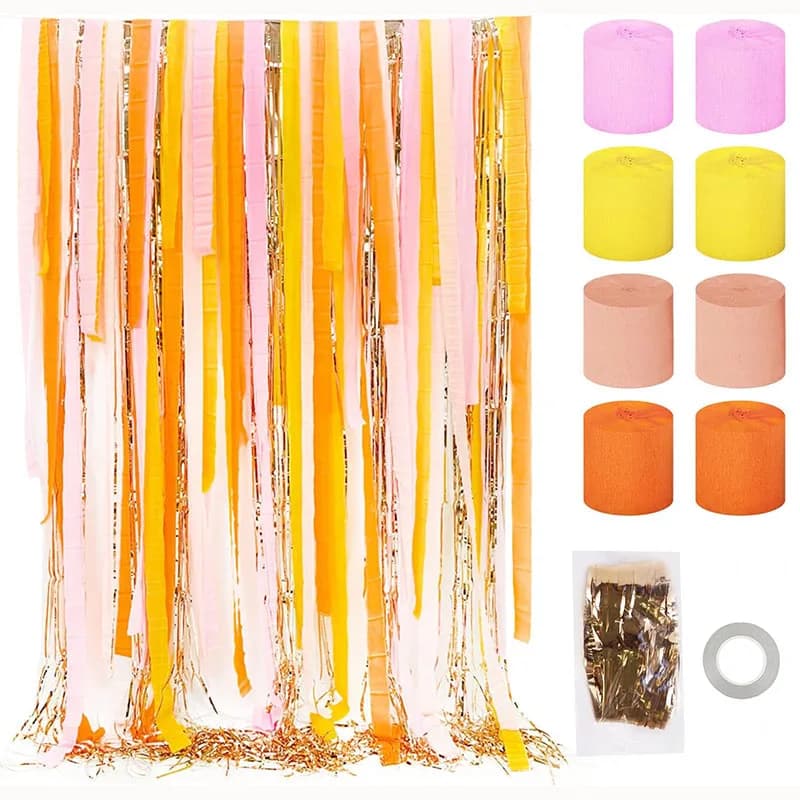 Décorations de fête rose vif, 8 rouleaux de banderoles en papier crêpe avec rideau de guirlandes à f