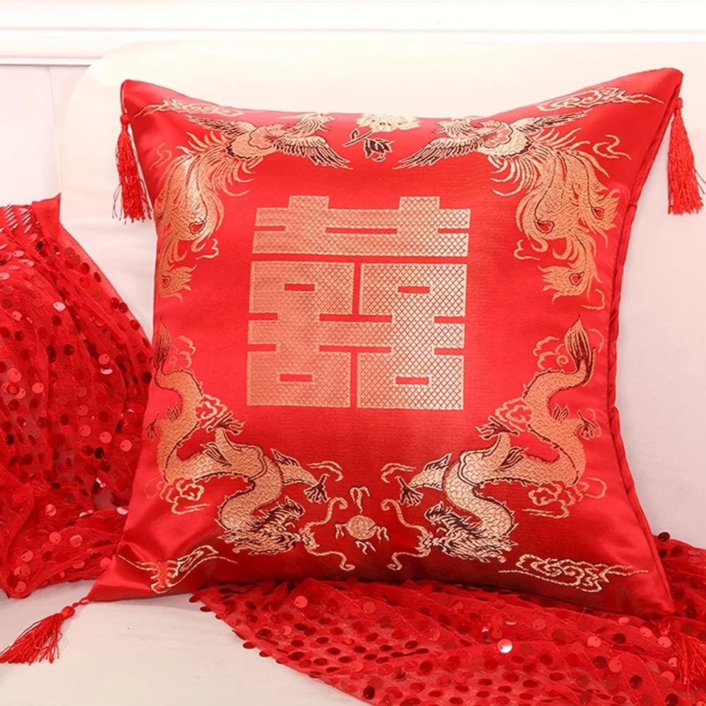 Juste de coussin brodée rouge chinoise, taie d'oreiller décorative, cadeaux de mariage, nouvel an, j