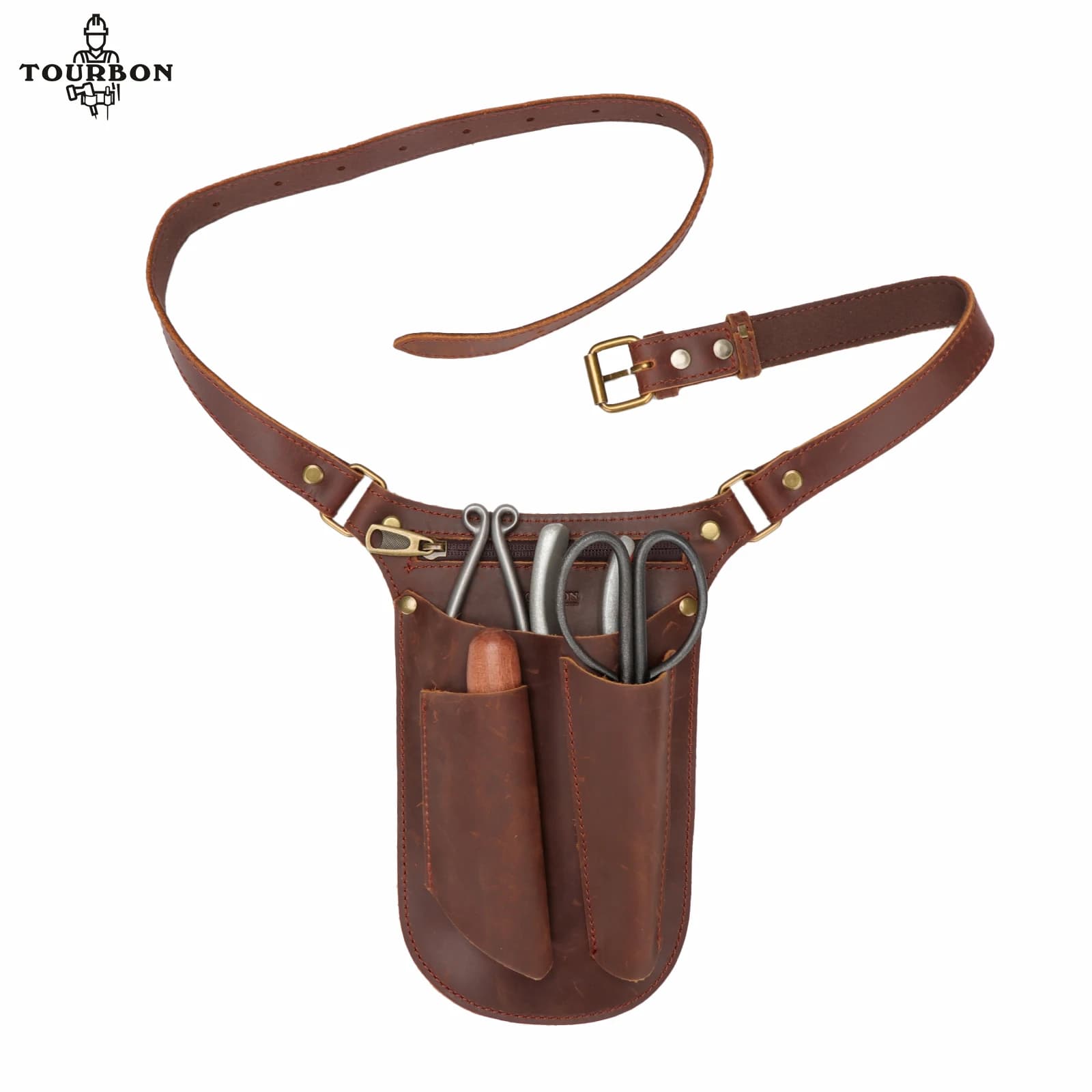 Tourbon-Sac de ceinture à outils en cuir marron réglable pour jardinier, étui de transport pour char