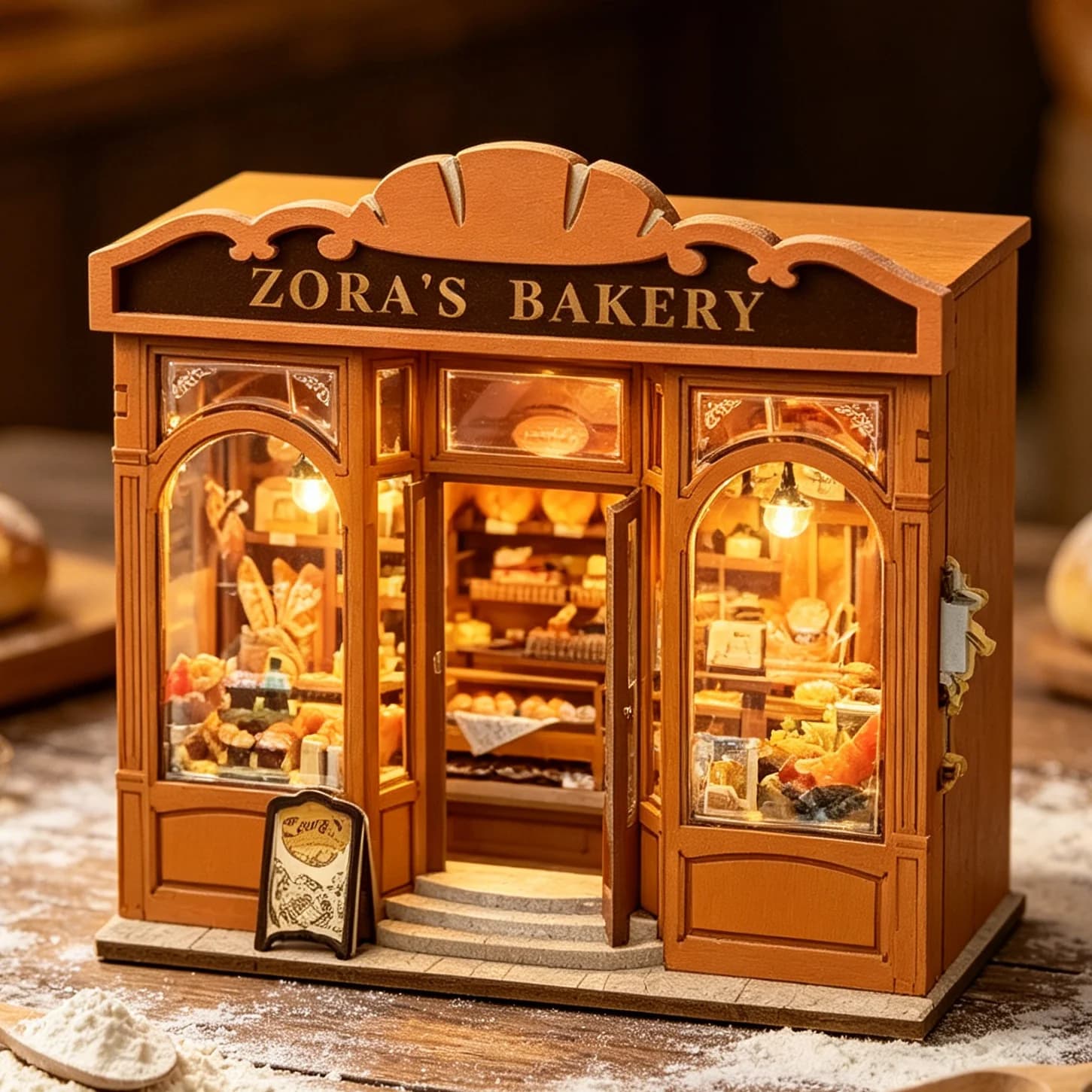 Kits de modèles miniatures en bois DIY de la boulangerie de Zora avec meubles, lumières LED, maison 