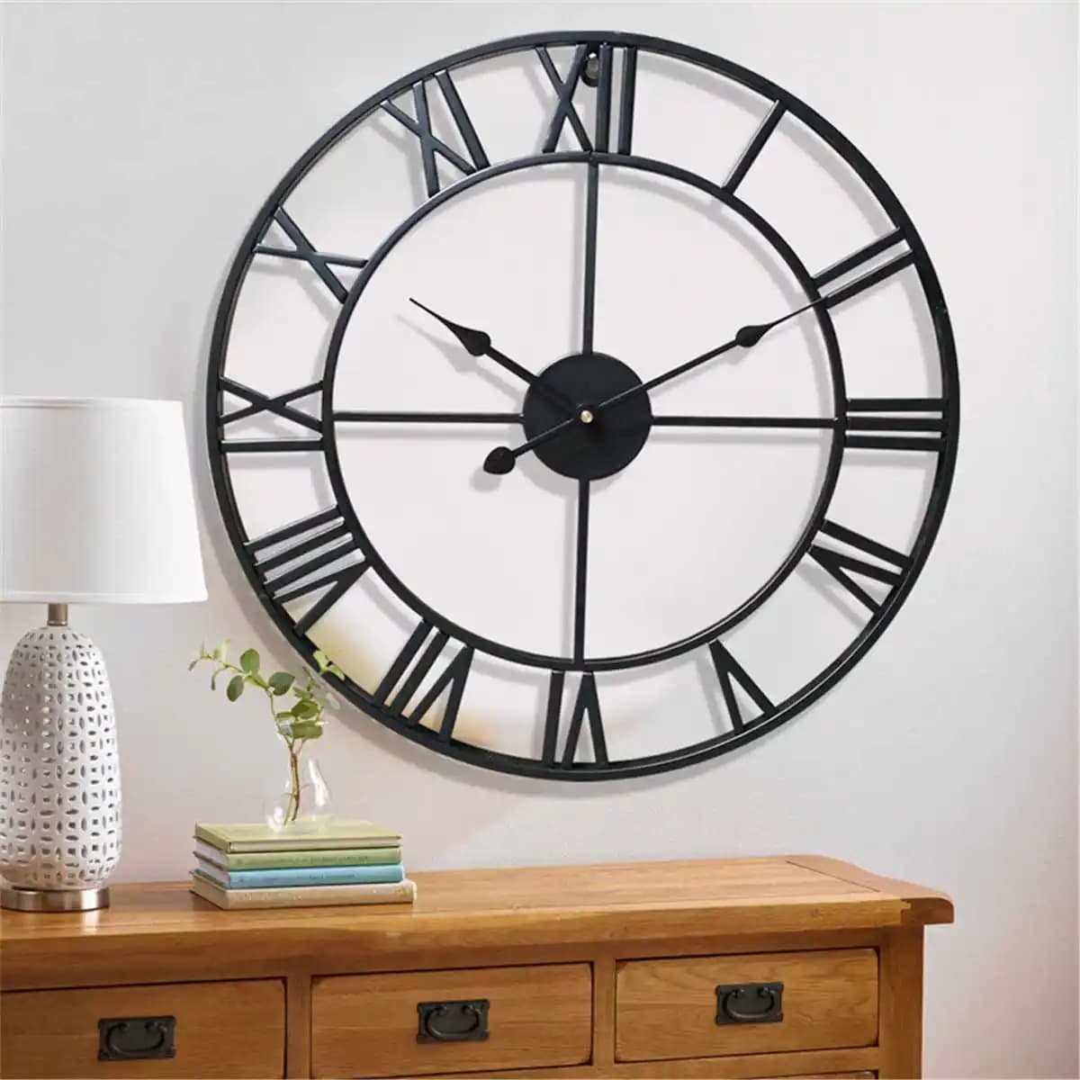 Grands horloges murales 3D de 60CM, chiffres romains rétro ronds en métal et fer, ornement suspendu 