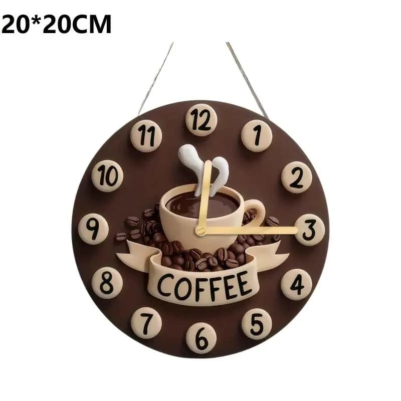 Horloge murale décorative ronde en bois créative, motif tasse de café et chocolat chaud fraîchement 