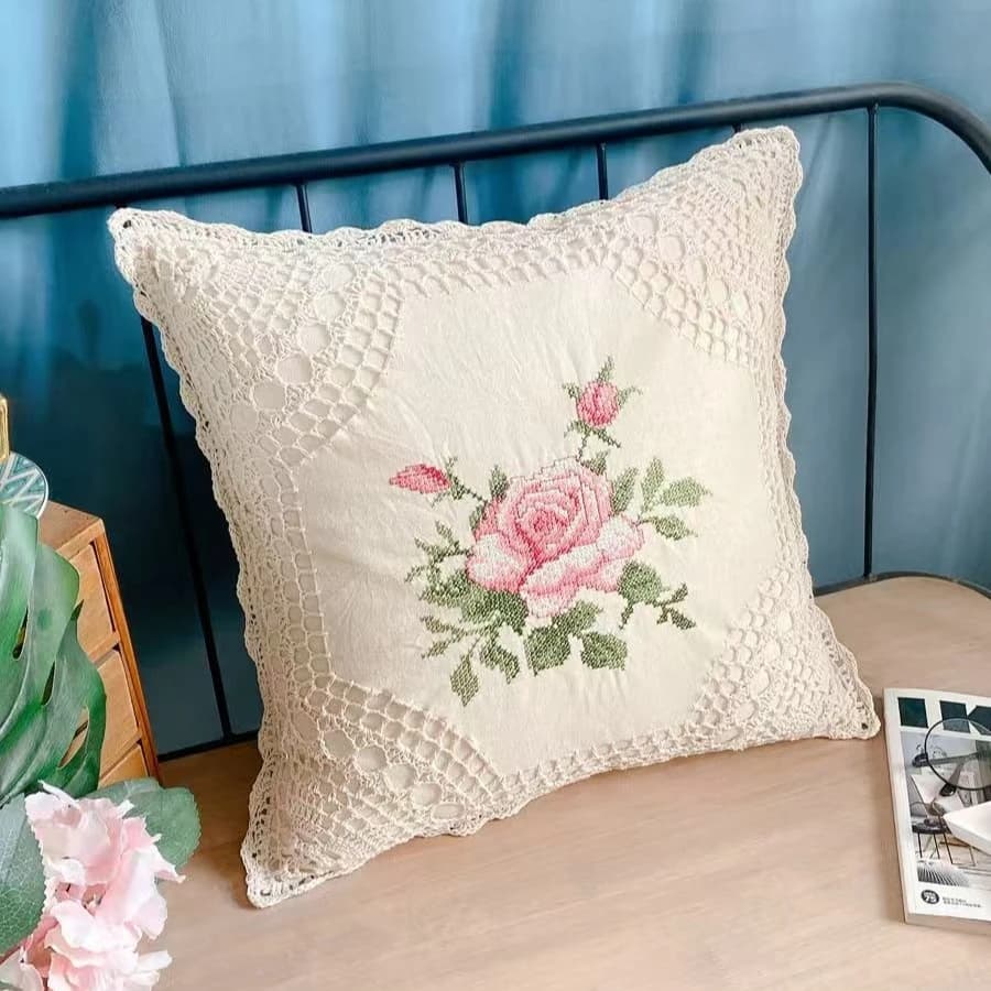 Housse de coussin en coton et lin tissé au crochet, housse de coussin brodée florale, housse de cous