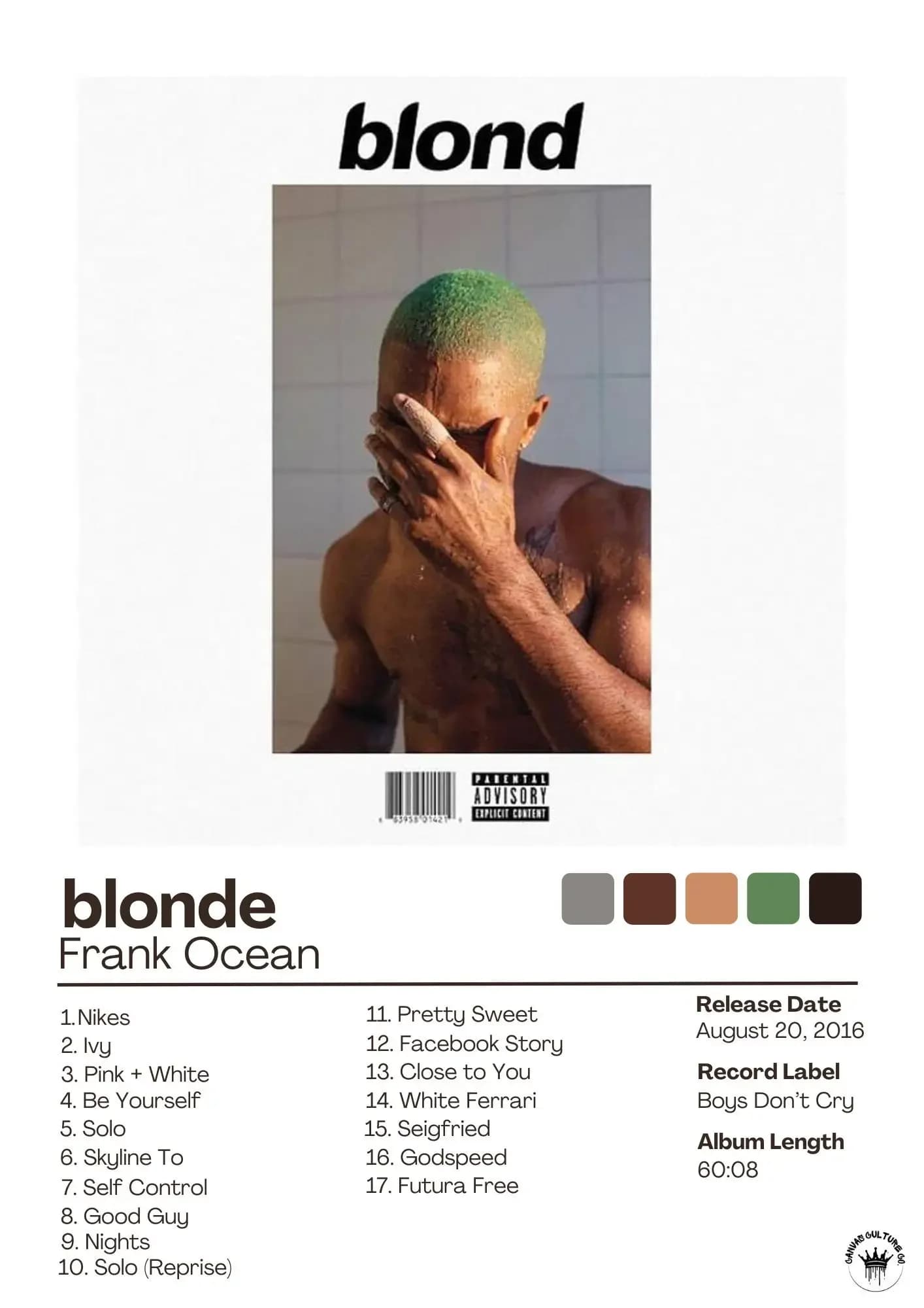Affiche de couverture d'album blonde Frank Ocean, Art musical tendance pour décoration murale, chamb