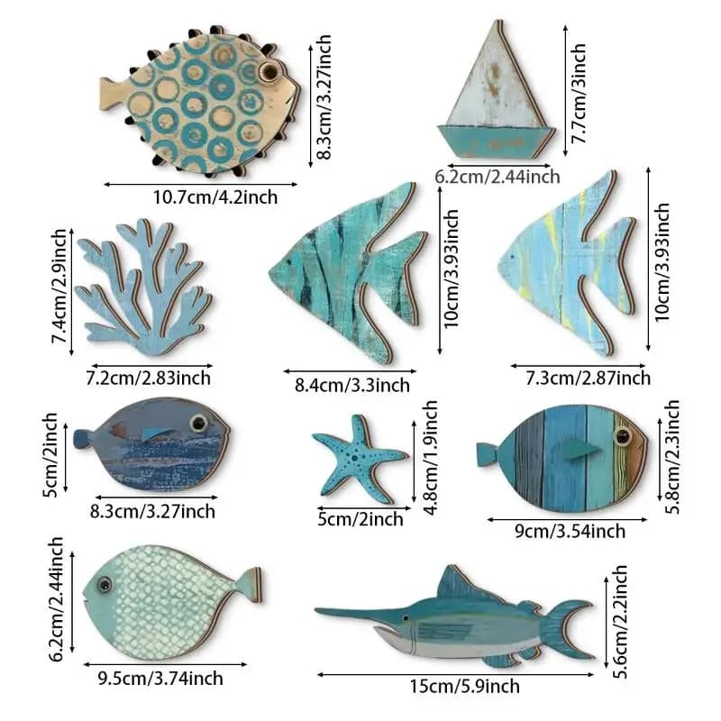 Lot de 10 décorations murales en bois en forme de poisson, thème plage, art nautique, décoration côt