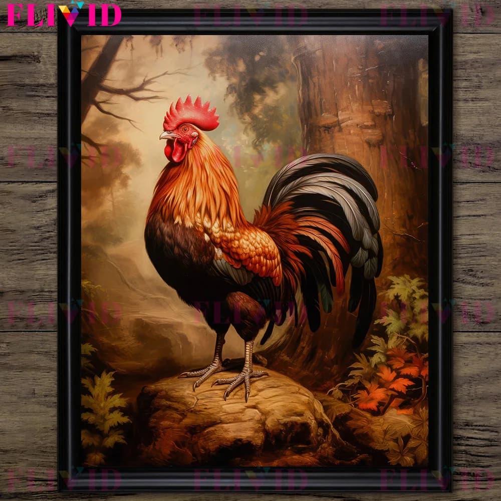 Coq à plumes noires et coq à plumes rouges, Portrait d'art mural, peinture sur toile, affiche d'art 