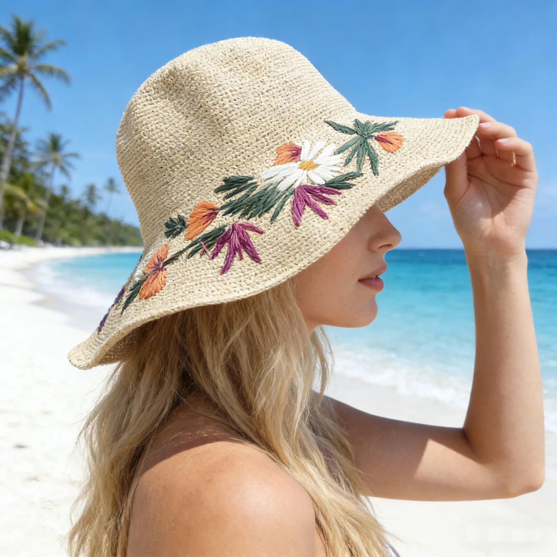Chapeau de paille brodé à la main à motifs floraux pour femme – Idéal pour l'été, les voyages, les v