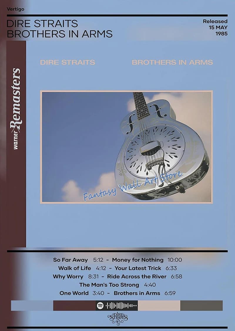 Albums de musique rock Dire Straits, Brothers in Arms, Communique on Every Street, affiche, peinture