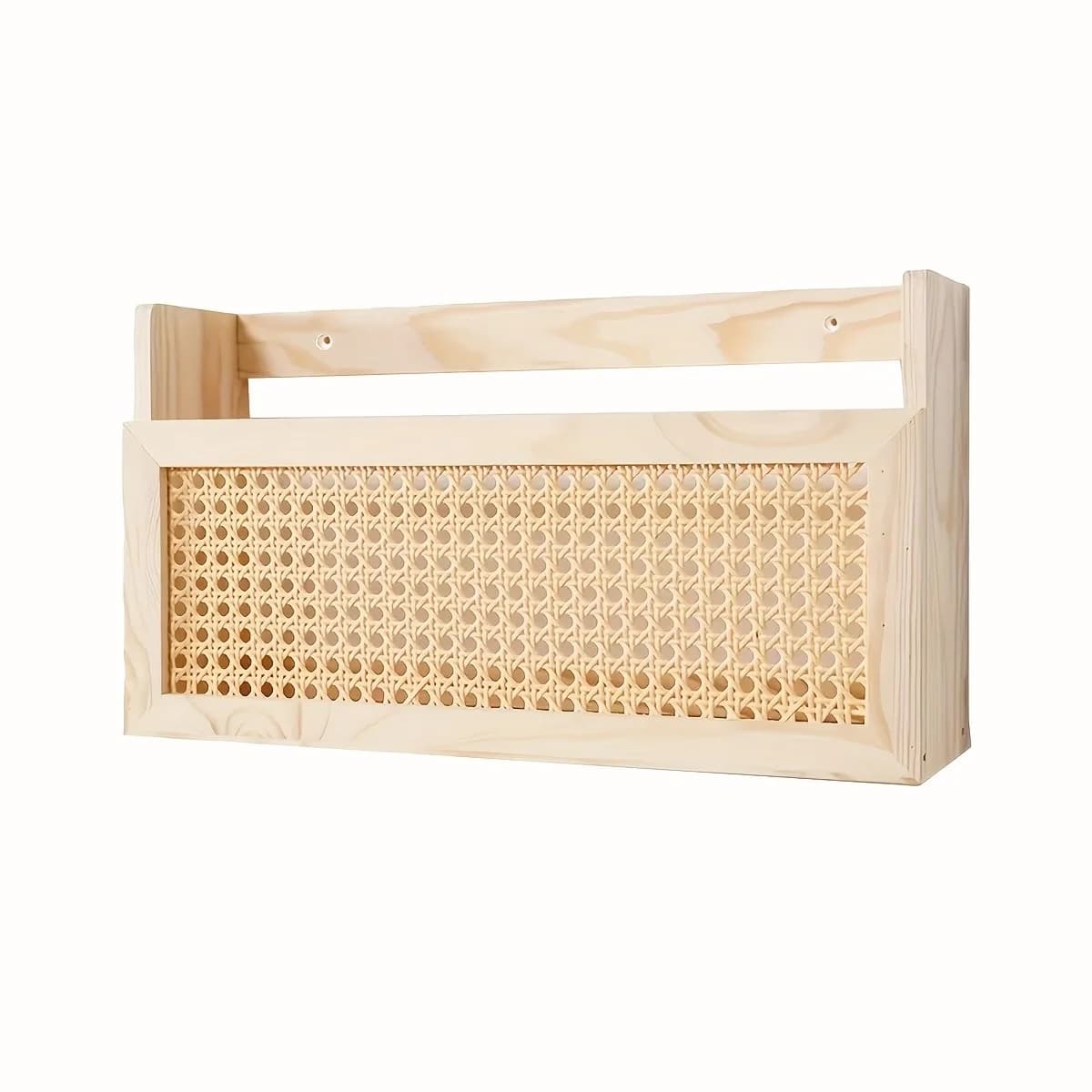 1 boîte de rangement murale de style rustique, porte-revues mural en bois avec détails en rotin tres