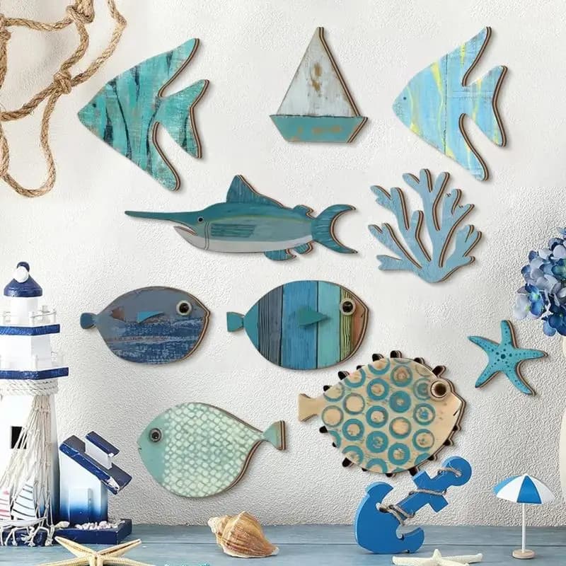 Décoration murale de poisson en bois suspendue, thème de plage, salle de bain, Art nautique, océan c