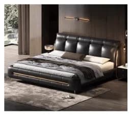 Lit en cuir 200x220cm pour 2 personnes, tête de lit moderne, cadre noir, lit double, lit queen, lit 