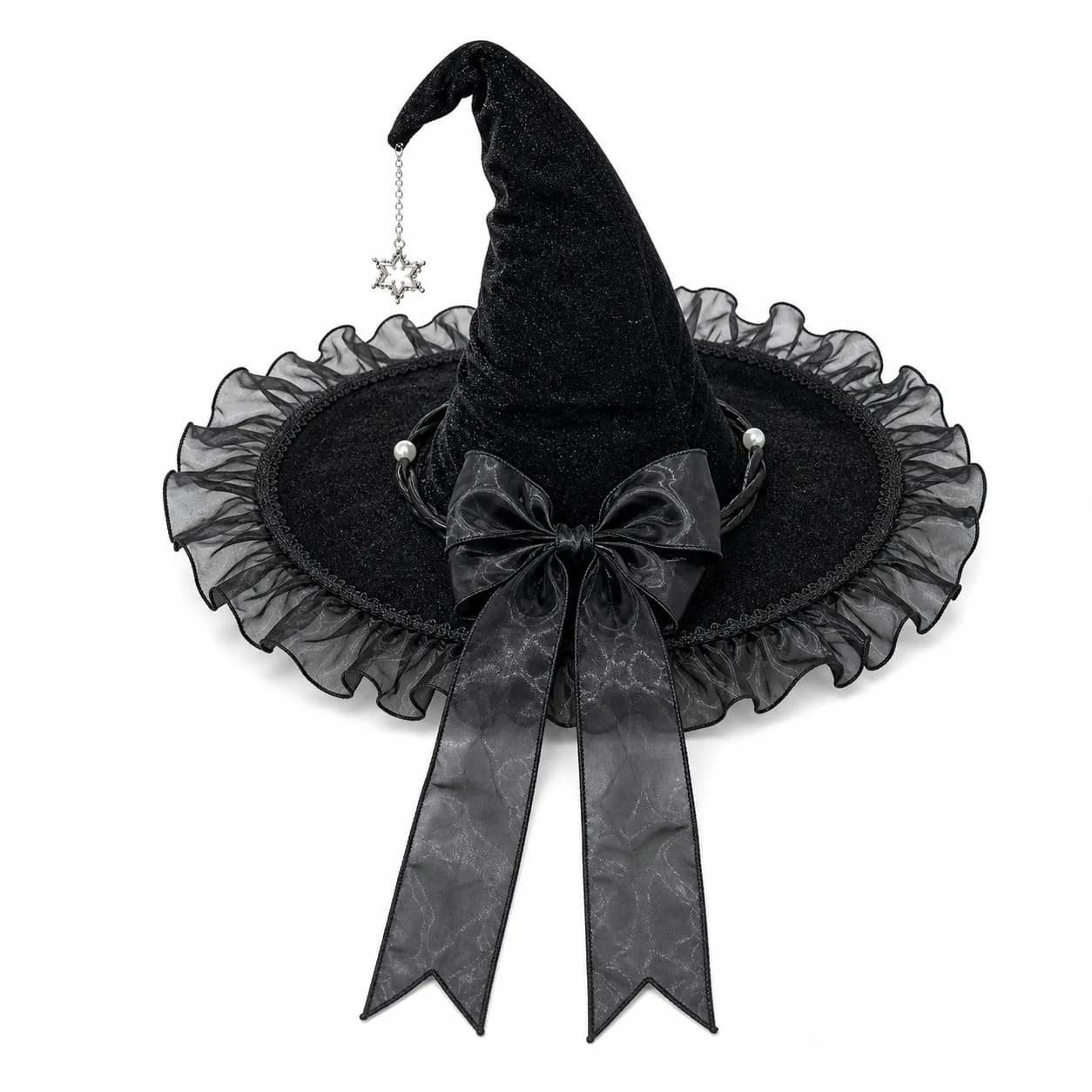 Chapeau de sorcière pour femme pour Halloween avec bordure en dentelle violette, nœud, chaîne étoile