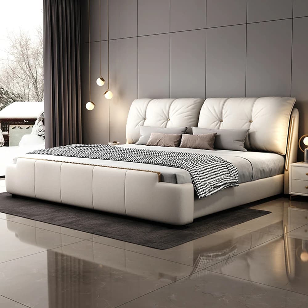 Cadre de lit king size avec rangement, revêtement en cuir, style moderne minimaliste, luxe italien l