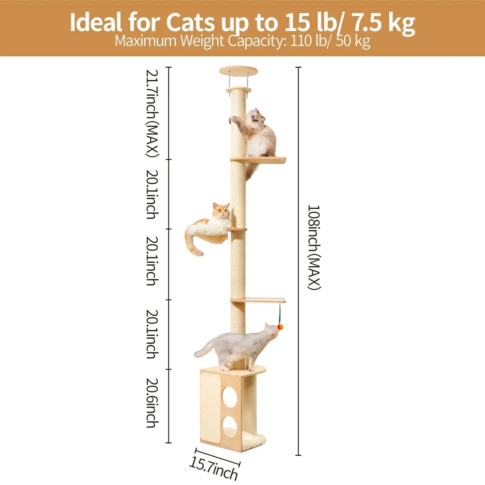 Arbre à chat mural haut, conçu spécifiquement pour les chats d'intérieur ; tour d'escalade ; mobilie