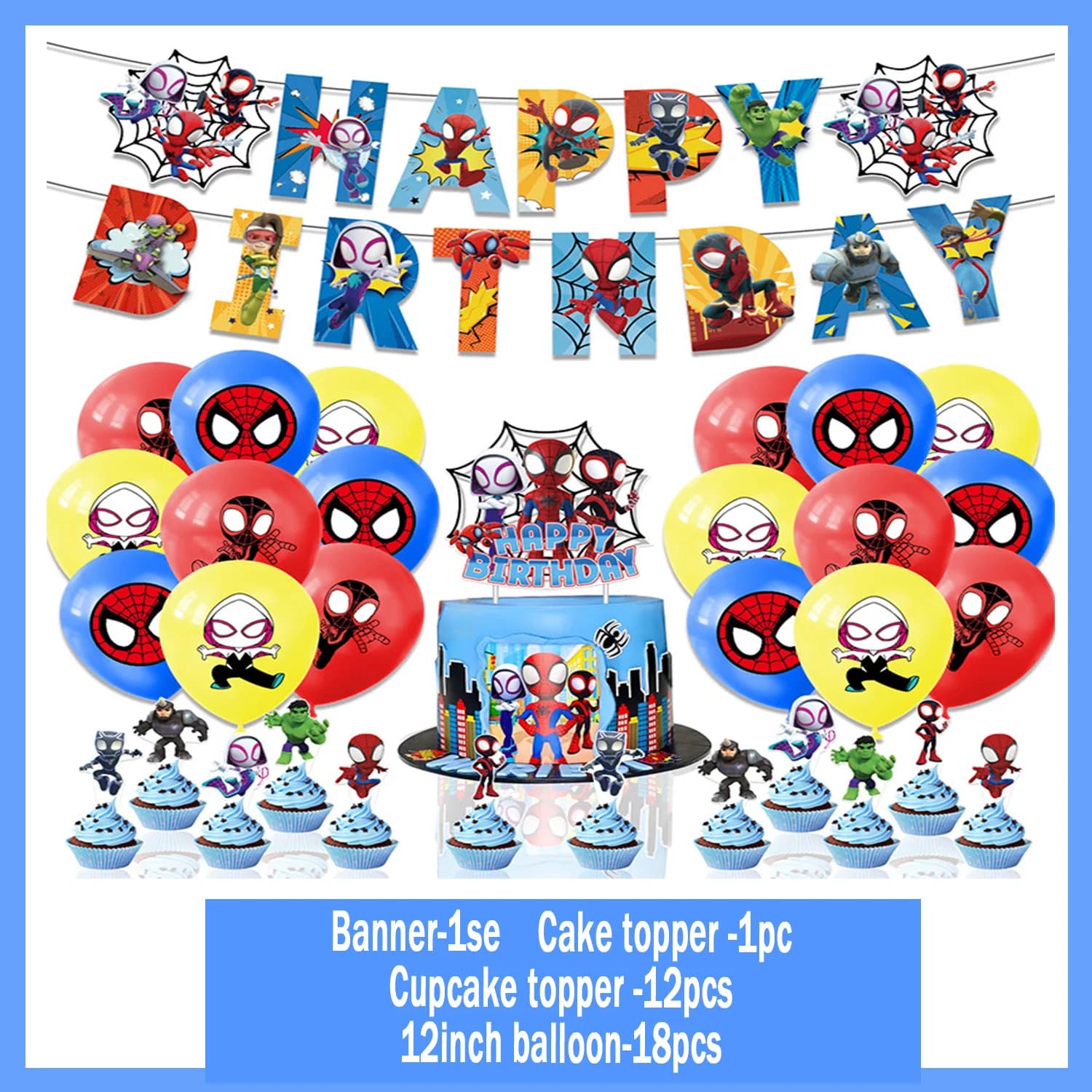 Kit de Décoration de Fête d'Anniversaire Thème Super-Héros Cartoon Spidey : Bannière, Ballons, Décor