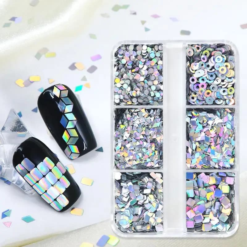 6 grilles pour amélioration des ongles, Laser, paillettes, Flash, motifs géométriques, décoration de