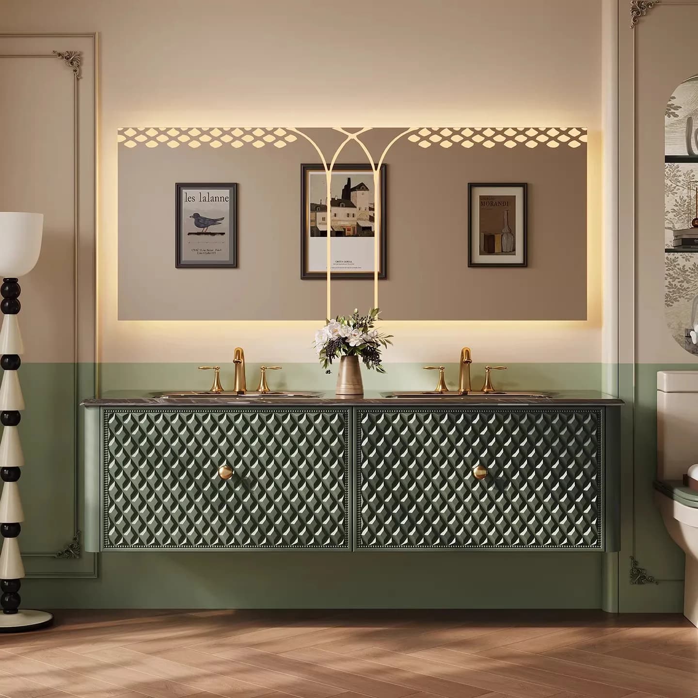 Meuble-lavabo de salle de bain en bois de chêne avec lavabo et évier intégrés pour une décoration moderne, esthétique et luxueuse en céramique et pierre.