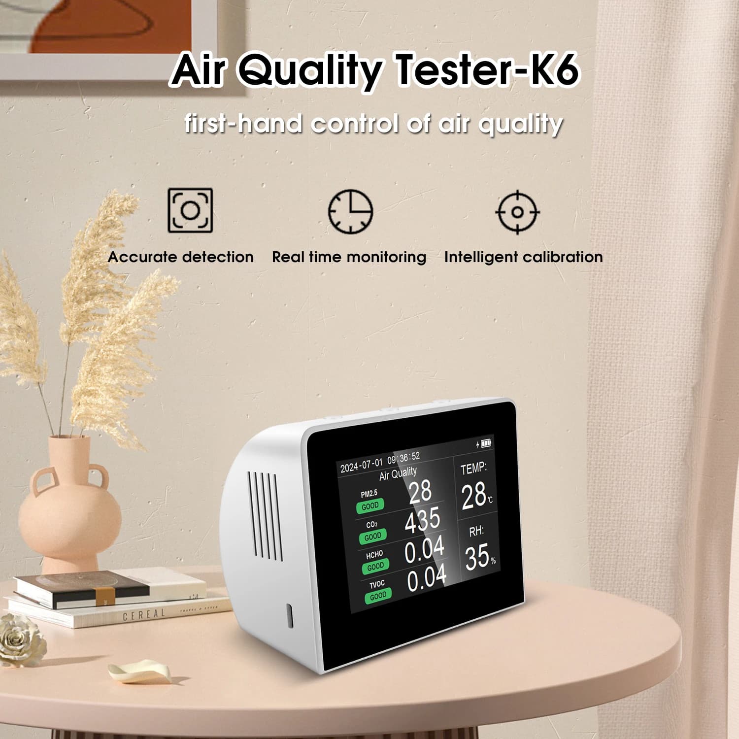 Détecteur de qualité de l'air K6-D CO2 PM2.5 Formaldéhyde TVOC Température Humidité permission de la qualité de l'air à domicile, aide à la démonstration