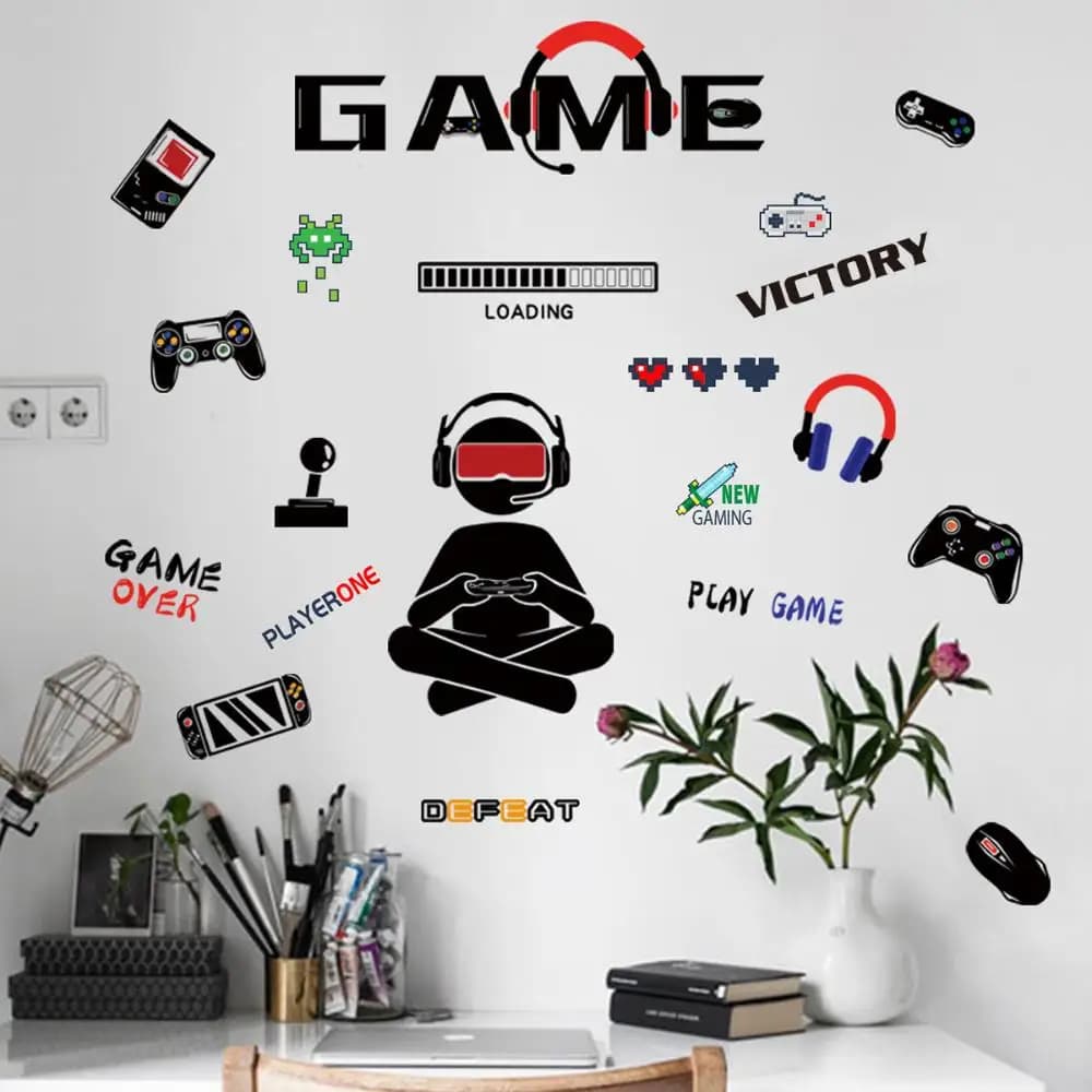 Autocollant mural en vinyle Gamer, salle de jeux pour chambre d'enfants, décoration murale, décor de chambre de garçons, affiche de jeu, papier peint