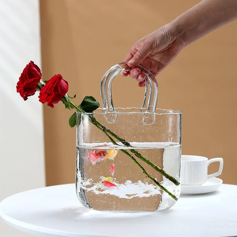 Vase à main en verre pour fleurs, Vase à sac transparent, Vase en forme de sac à main, Vase décoratif Unique pour la décoration de la maison de la fête des mères