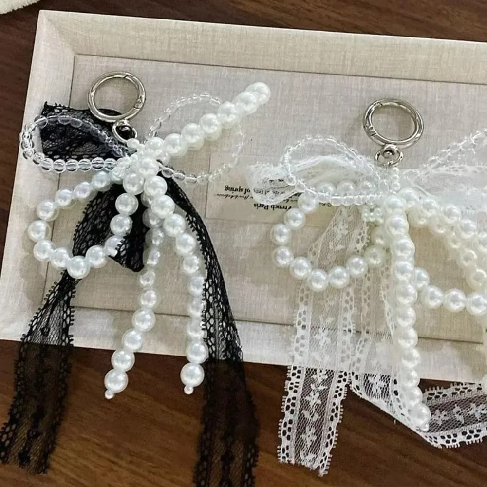 Porte-clés en dentelle mignon, nœud blanc/noir, pendentif de sac, chaîne de téléphone, accessoire d'emballage