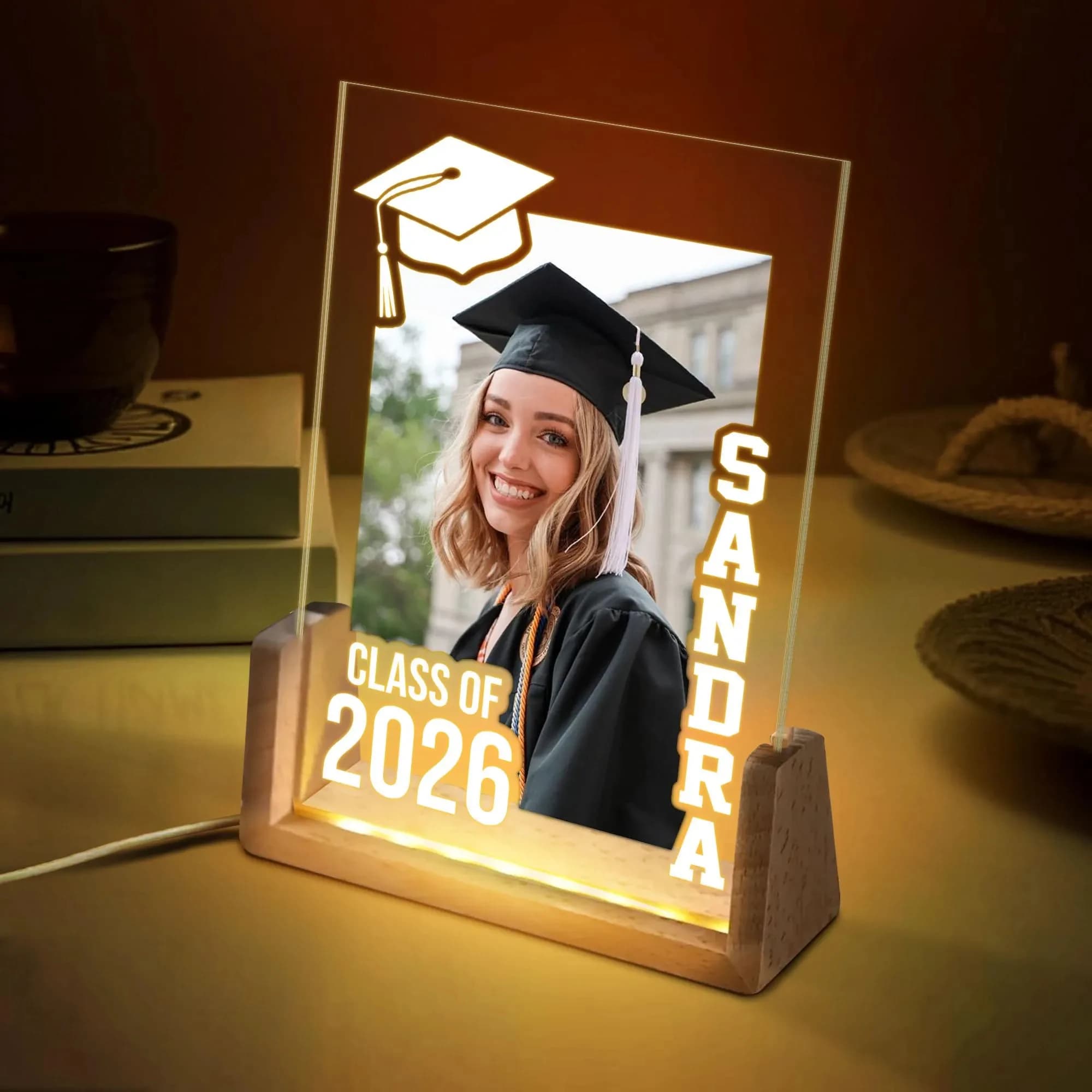 Veilleuse personnalisée pour la remise des diplômes 2026 – Décoration de bureau avec photo et nom sur mesure – Cadeau