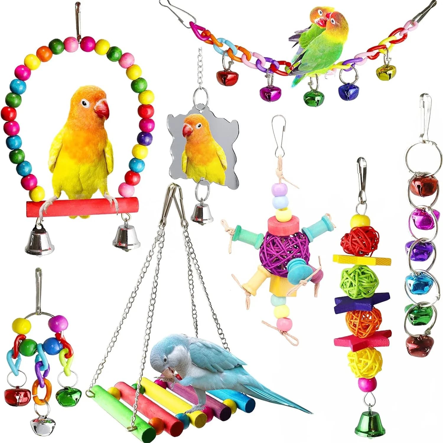 Jouets pour oiseaux et perroquets, Cage à oiseaux pivotante, décoration miroir, carillons éoliens, accessoires pour oiseaux, jouets pour oiseaux