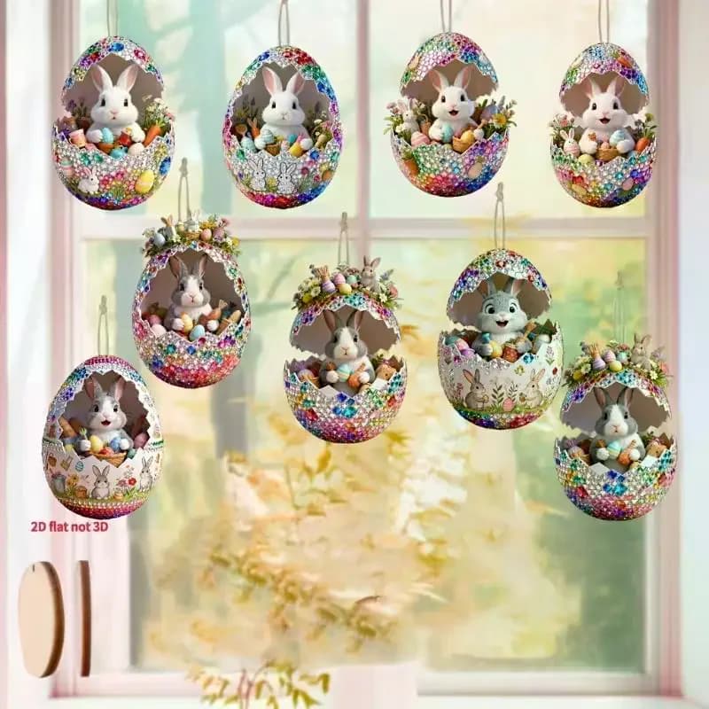 Ensemble de 8 œufs de Pâques en bois décoratifs à suspendre, artisanat DIY 2D, œufs de Pâques simulés, œufs artificiels décoratifs à suspendre