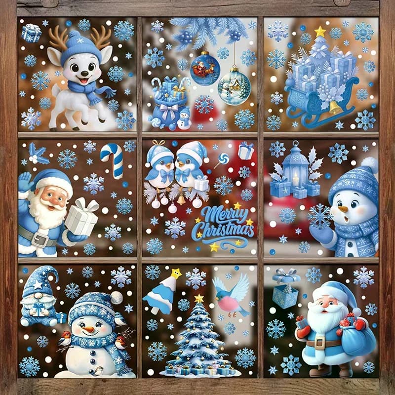 Ensemble d'autocollants statiques bleus pour fenêtre de noël, avec cloches, renne, père noël, flocons de neige et bonhomme de neige, pour décoration de fête de vacances