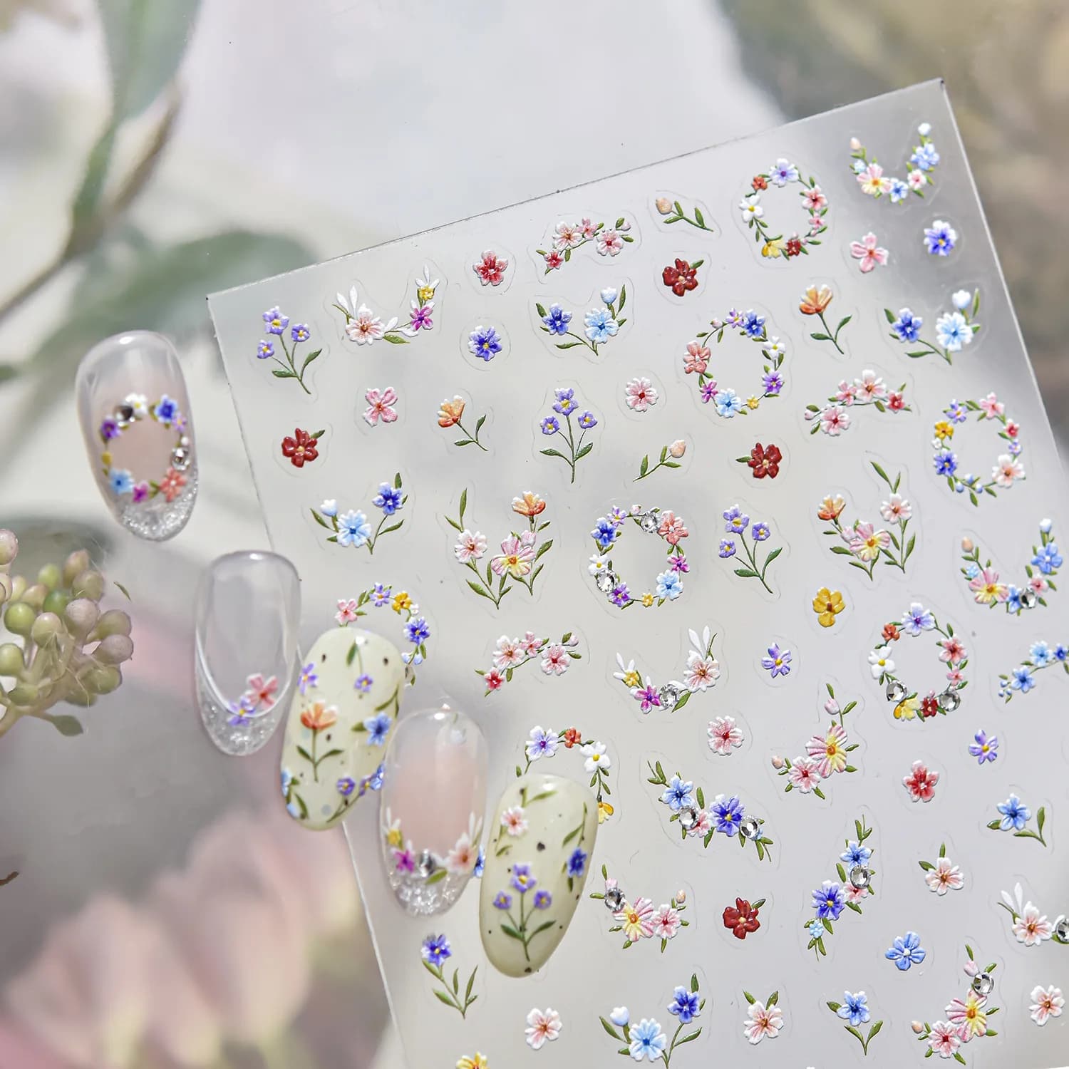 Autocollants pour ongles Fleurs sauvages de printemps 5D, autocollants 3D en relief souple pour nail art, guirlande exquise, adhésifs pour ongles, décoration 3D