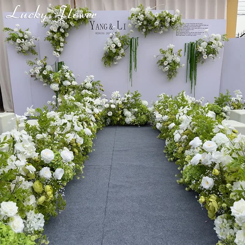 Ensemble blanc de décoration de mariage en plein air, fleurs artificielles, Arrangement d'arrière-plan Floral, rangée de fleurs suspendues, boule de fleurs de plomb de route