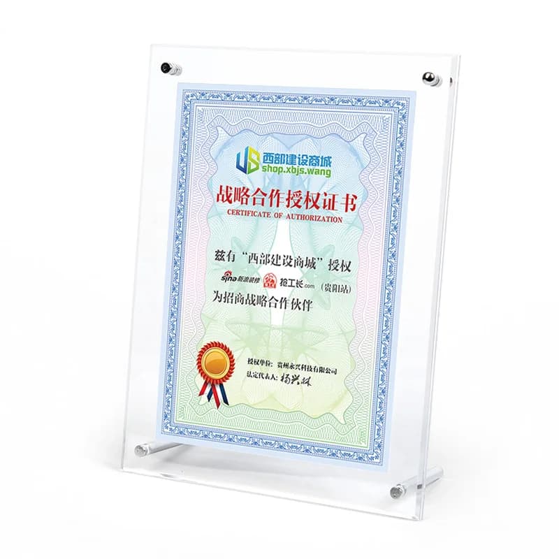 Cadre Photo en acrylique transparent, affichage de bureau sans cadre, format de document autoportant, fabriqué pour les certificats d'affaires et les diplômes