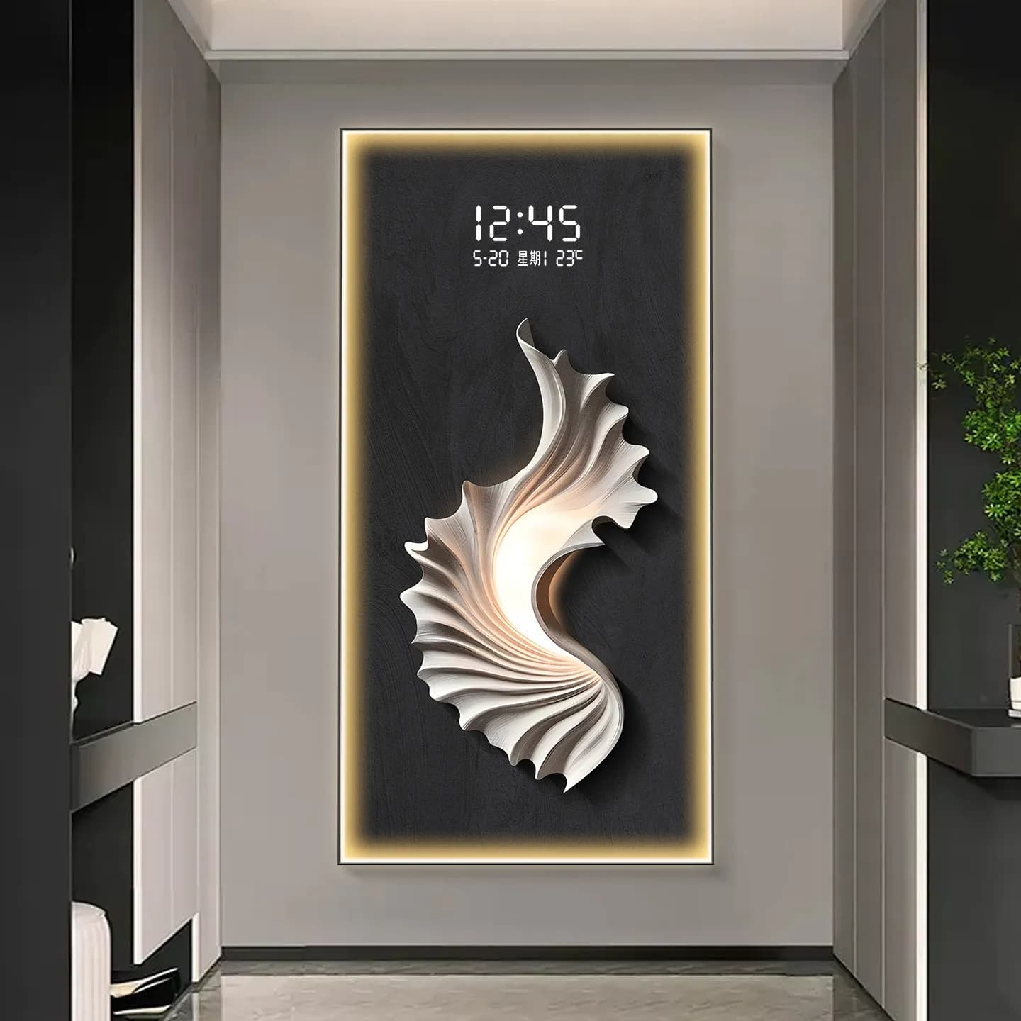 Peinture décorative moderne pour porte d'entrée, tableau abstrait simple pour couloir, lampe murale avec horloge et éclairage LED