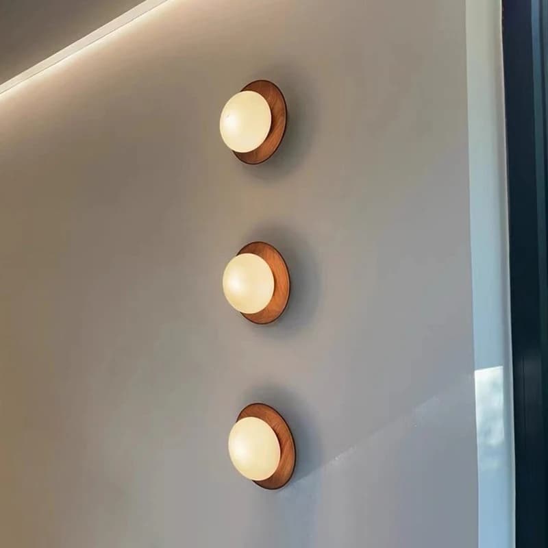 Wabi-sabi Style Nature bois couleur noyer chambre chevet appliques murales blanc laiteux rond verre applique pour couloir escalier allée