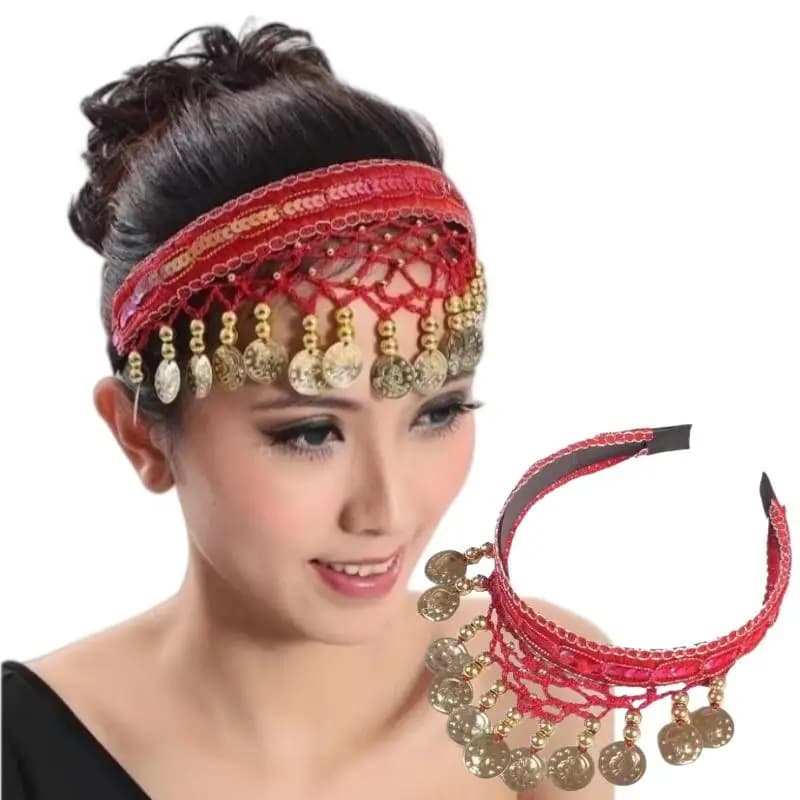 Serre-tête ethnique rétro pour danse du ventre avec franges de sequins rouges, coiffe décorative personnalisée pour spectacles de danse