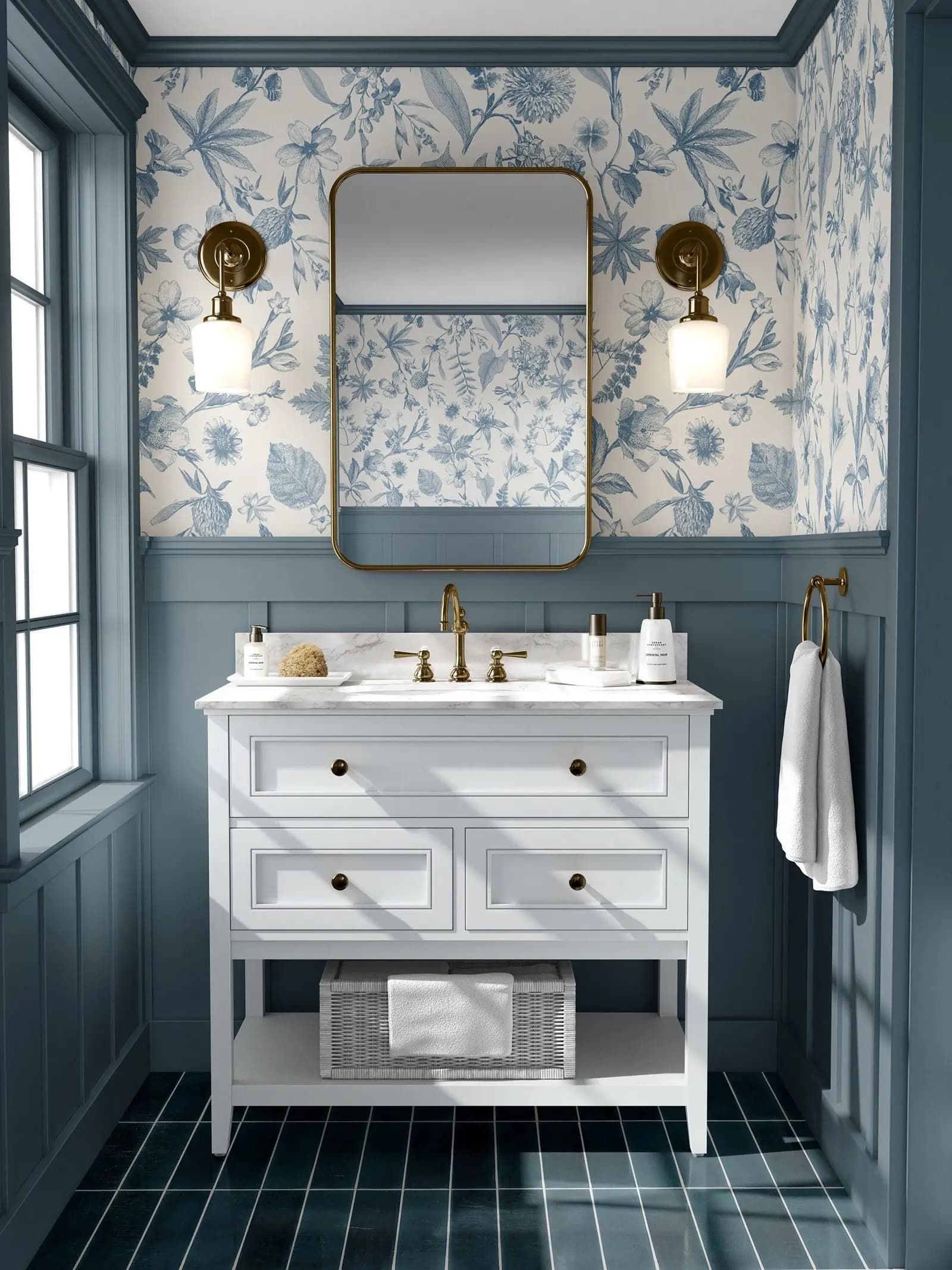 Papier peint fantaisiste Toile Farmhouse, papier peint à décoller et à coller bleu et blanc pour la décoration du salon.