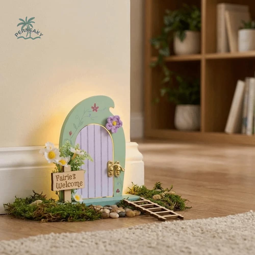 Ornements de porte de fée en bois de dessin animé avec échelle, porte de fée amovible, décoration miniature pour maison de poupée, cour et jardin