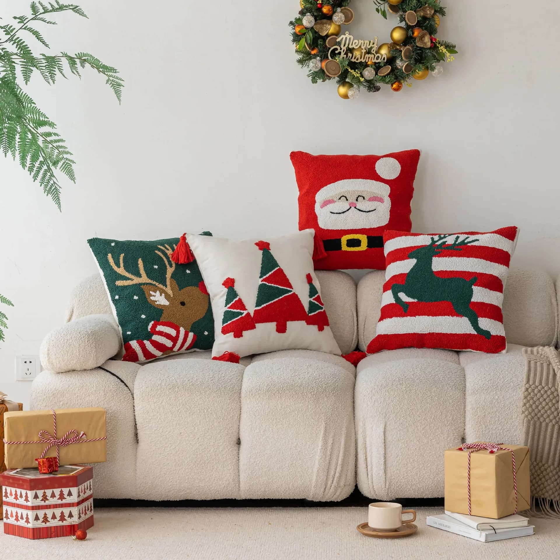 Juste de coussin touffetée joyeux Noël, taie d'oreiller décorative, festival, fête, maison, convocation du Nouvel An, 45x45