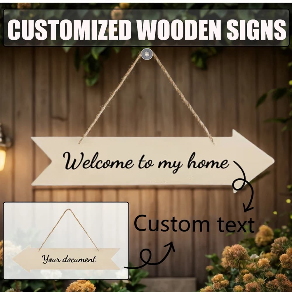 Plaque en bois personnalisée avec texte, flèche imprimée simple face, décoration de jardin suspendue, plaque décorative en bois personnalisée pour la maison