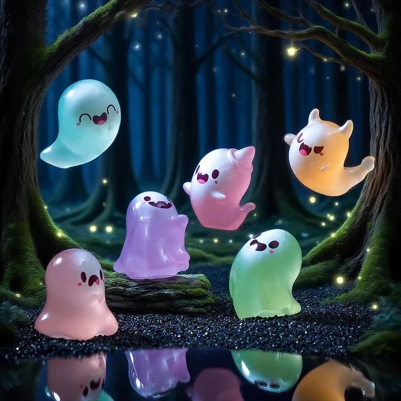 Petites Figurines fantômes mignons d'halloween, 6 pièces, décoration lumineuse, Mini jouet de fête, dessin animé, ornement de bureau en résine, brille dans l'obscurité