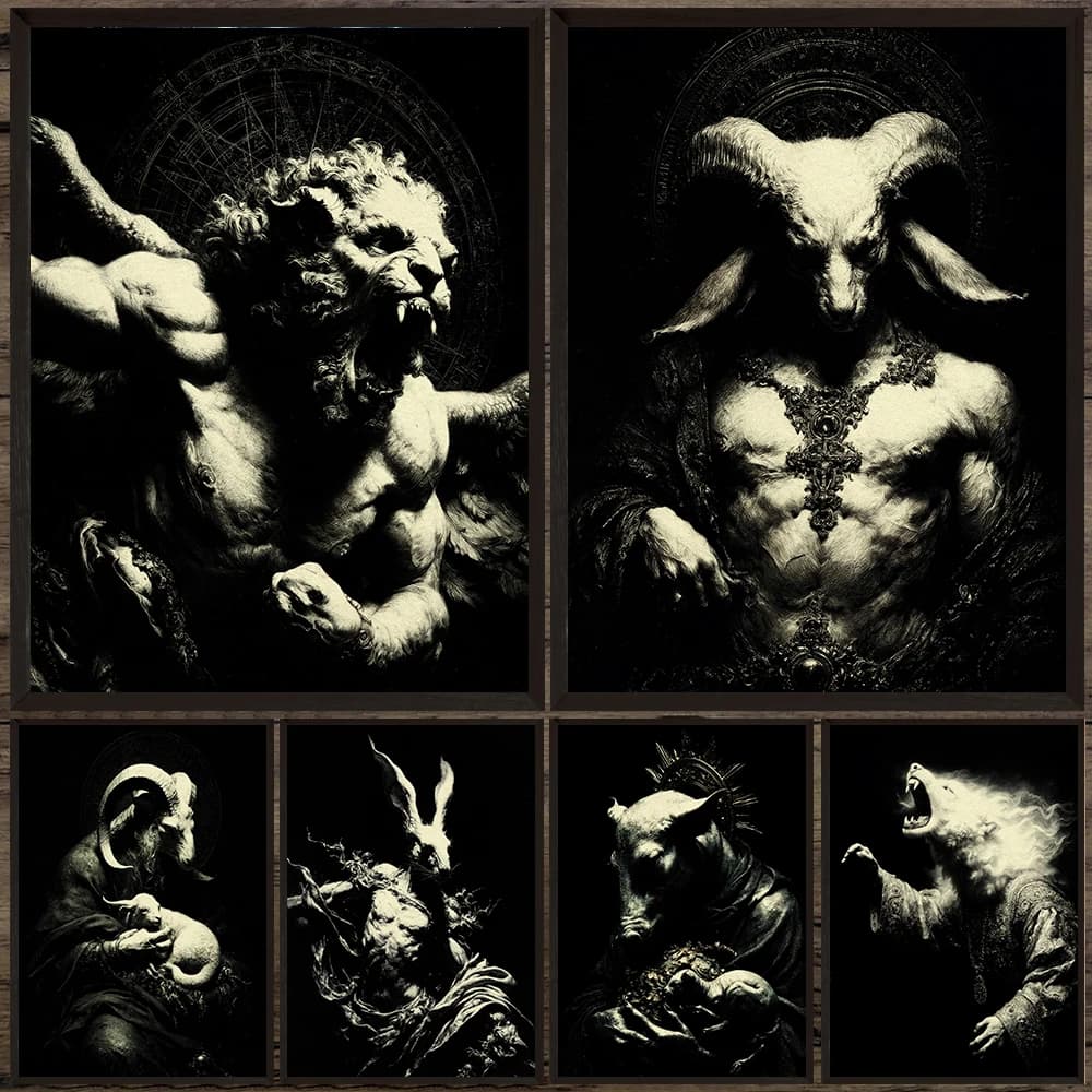 Corps humain avec tête d'animal, Portrait d'horreur, peinture sur toile d'art mural, affiche d'art fantaisie d'animal doré, décoration de maison sans cadre